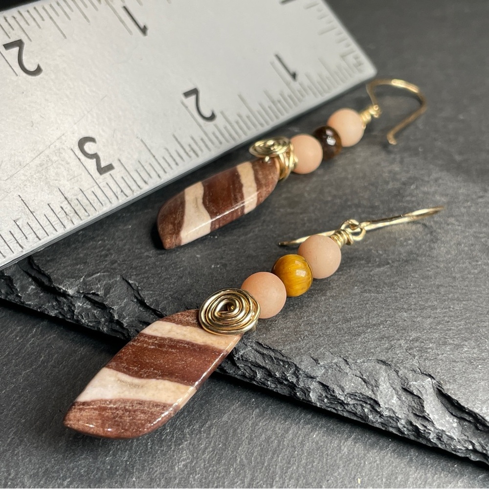 14k Gold Filled Wire Wrap
Zebra Jasper And Tiger’s Eye 
Gemstone Dangle Earrings - Picture 7 of 9